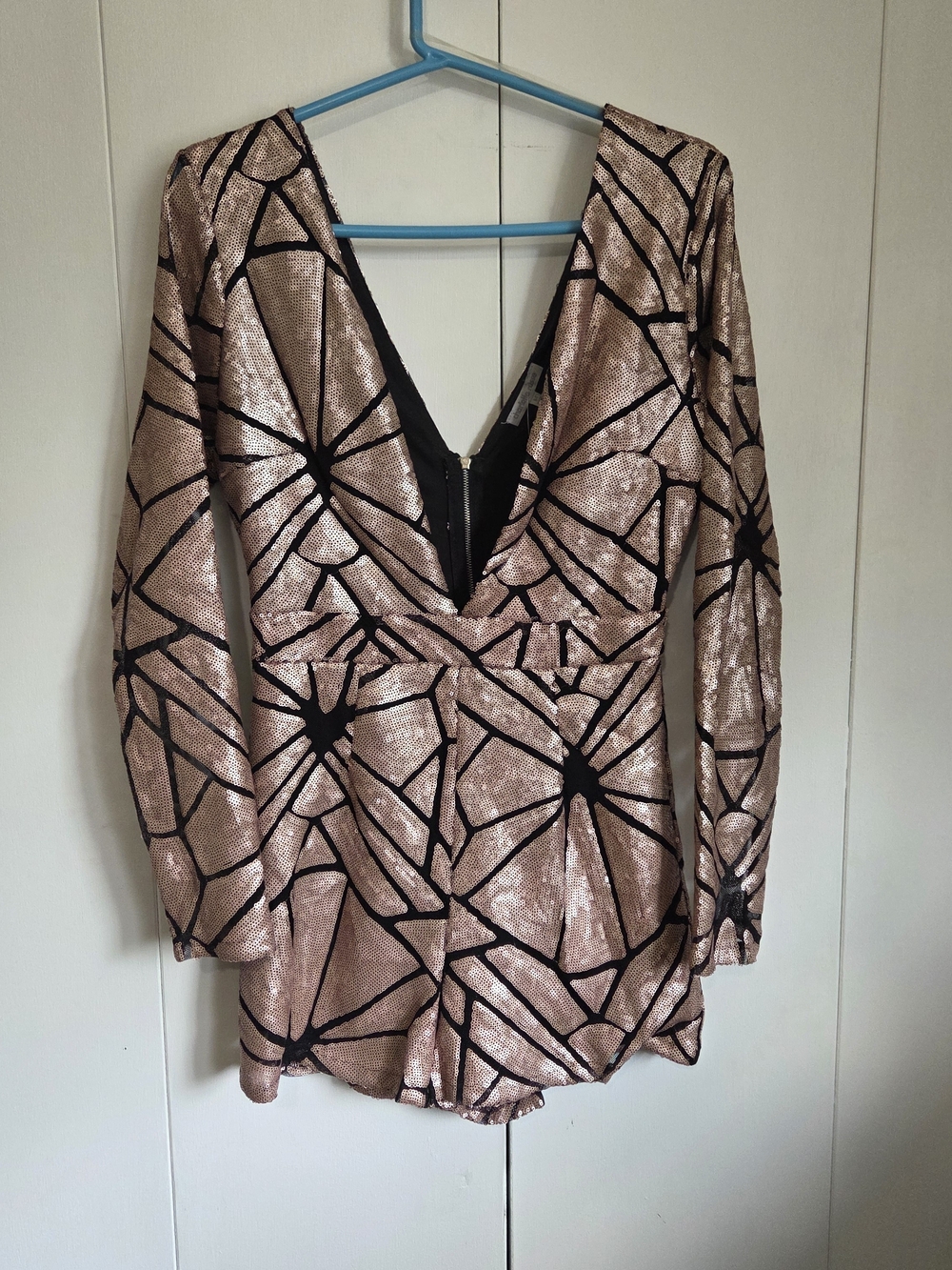 Charlotte Russe Rose Gold Geometric Sequin Long-Sleeve Plunging Romper M Party